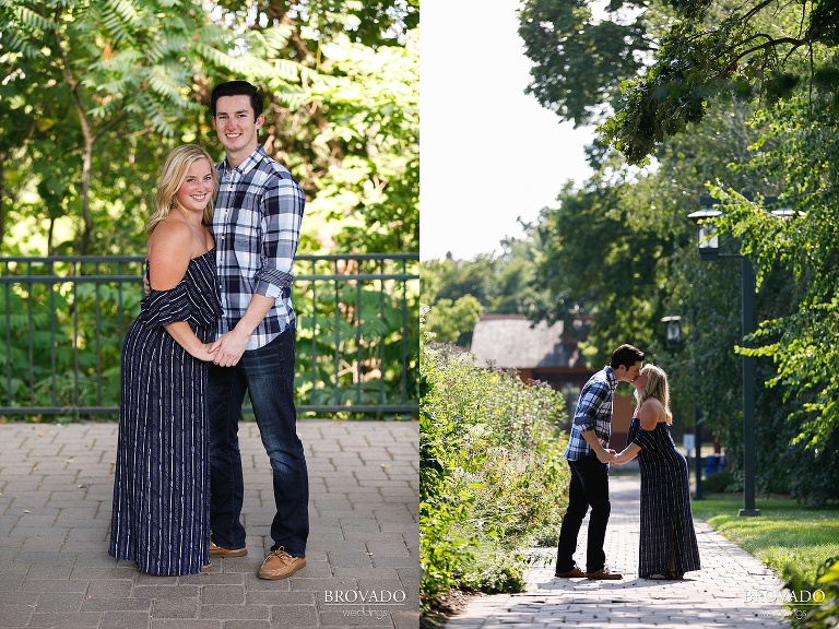 Engaged couple holding hands at Minnehaha park