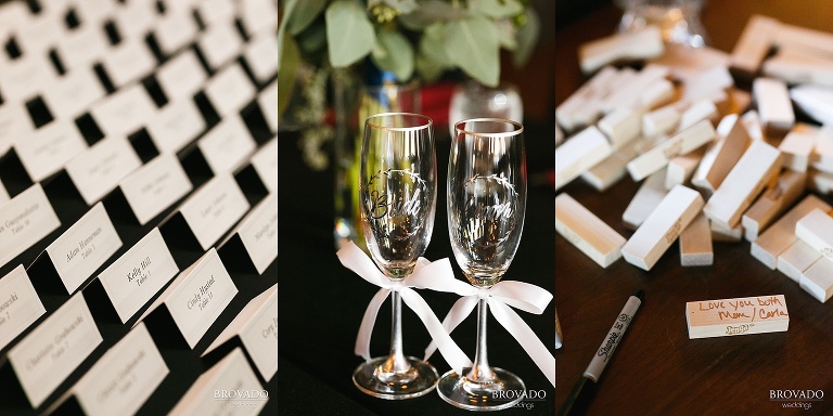 Jenga pieces and nametags at wedding reception