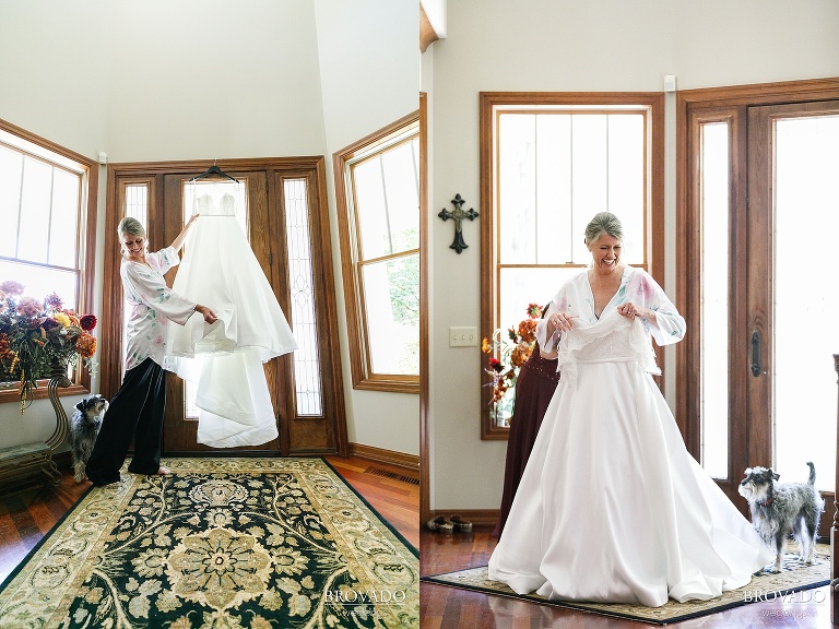 Goofy photos putting on the wedding dress