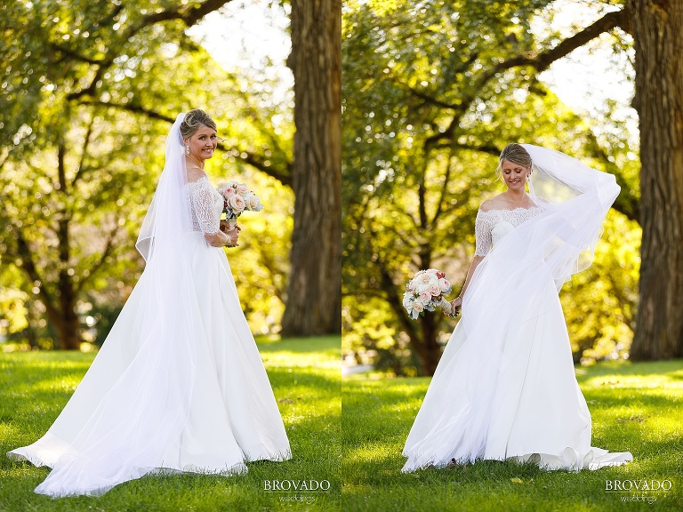 Outdoor photos of Karen in her classic wedding dress