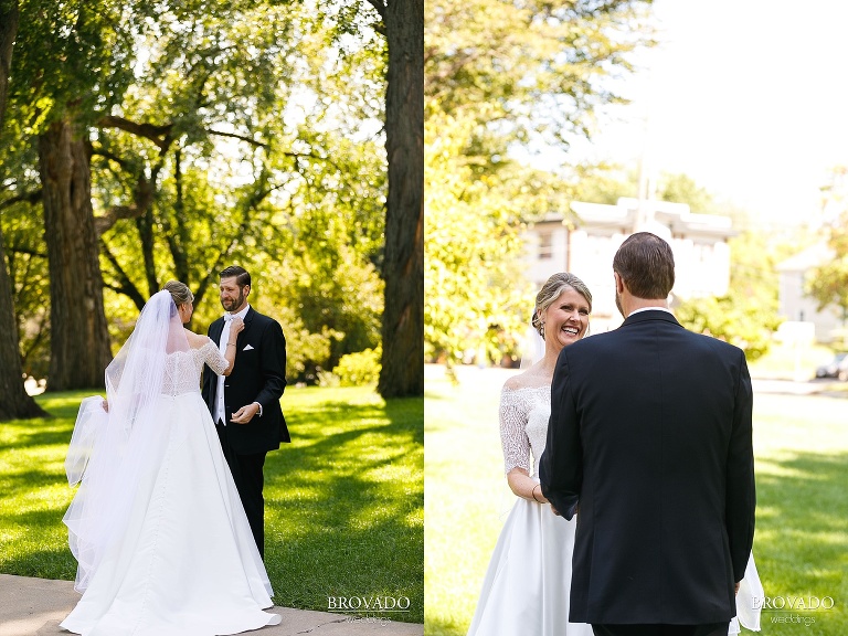 Bride and groom laughing together after first look