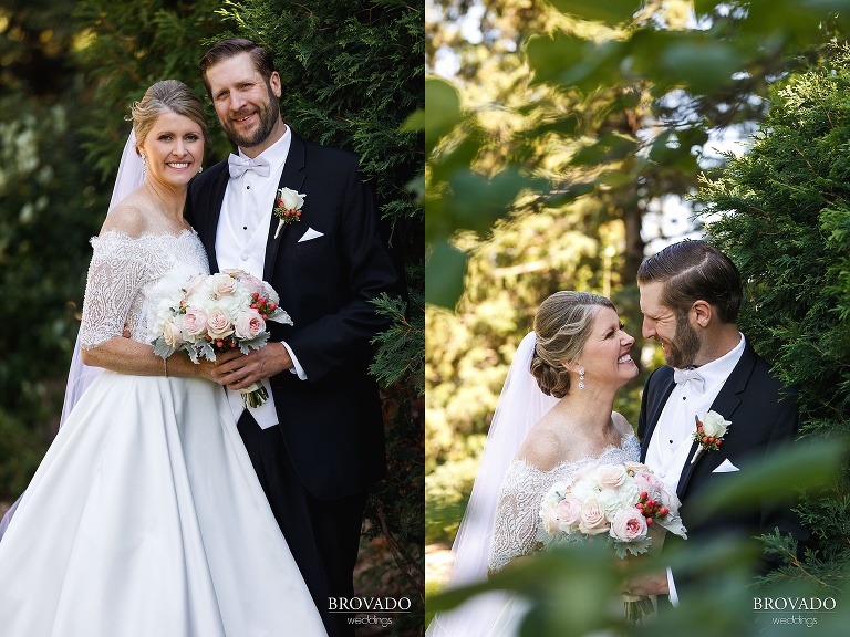 Smiling diptych of bride and groom