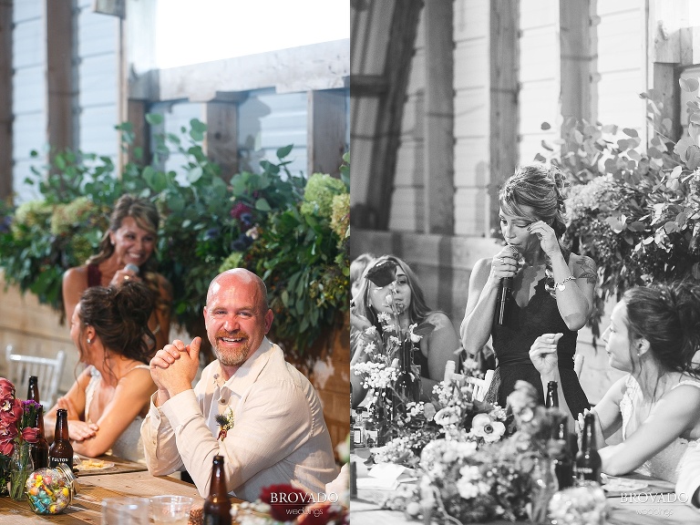 Wedding party laughing and crying during reception