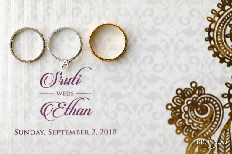 Close up of wedding rings and invitation