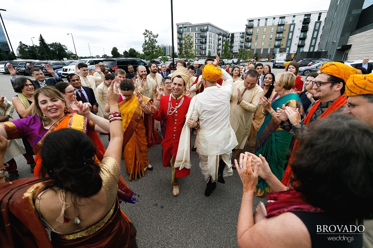 Groom dancing during baraat