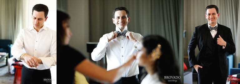 Bride and groom getting dressed for reception