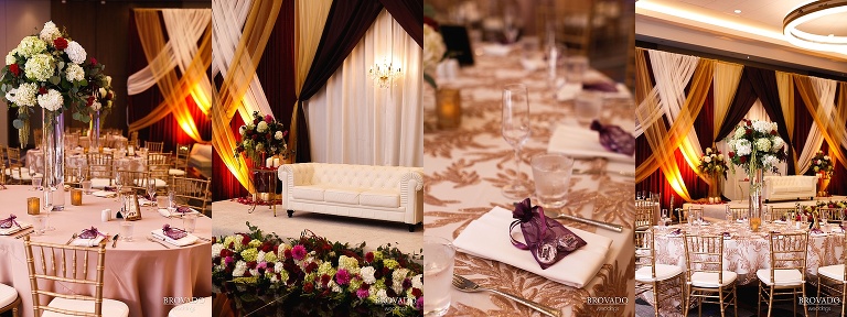 Maroon and gold wedding reception details