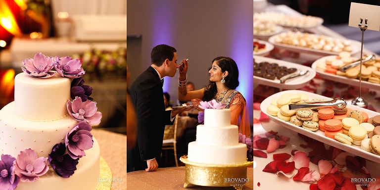 Cake cutting and details of floral cake and macarons