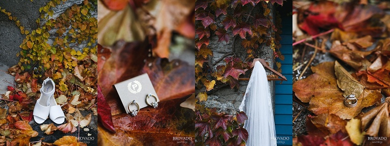 bridal jewelry on red and green leaves