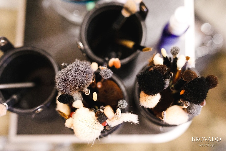 close up aerial photograph of makeup brushes