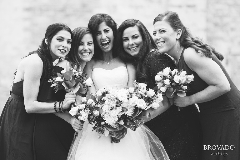 black and white photo of laughing bridesmaids