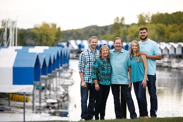 Family in matching blue shirts at St Croix River in Stillwater, MN