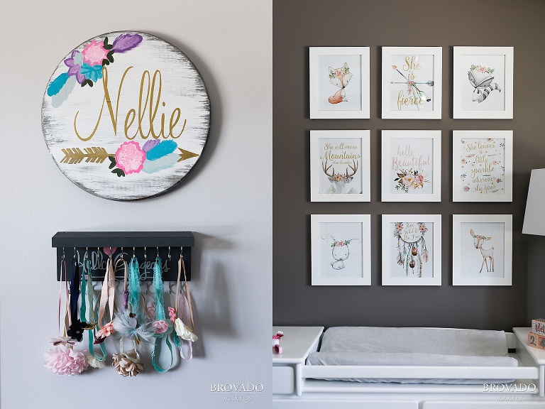 Details of headbands and illustrations in Nellie's room
