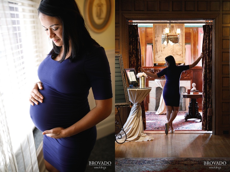 Pregnant woman standing between curtains in van dusen mansion
