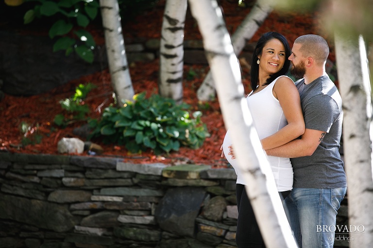 Outdoor Van Dusen maternity shot between white birch trees