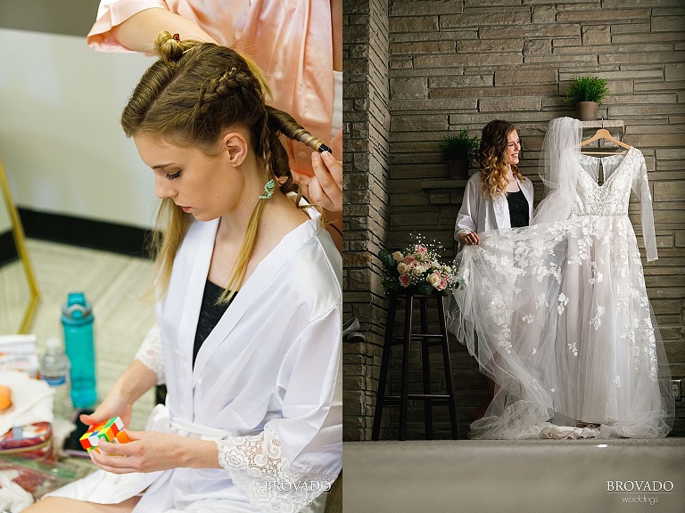 Bride solving a rubik's cube while getting her hair done