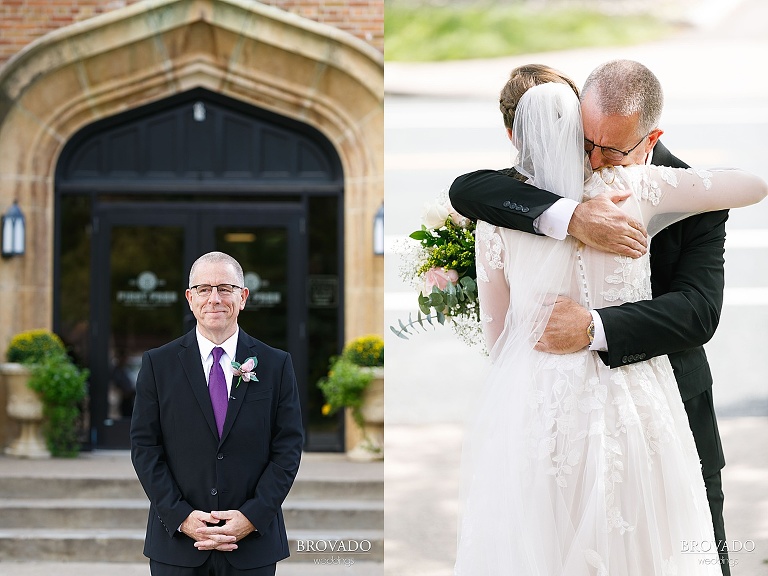 Bride and her father's first look outside of church