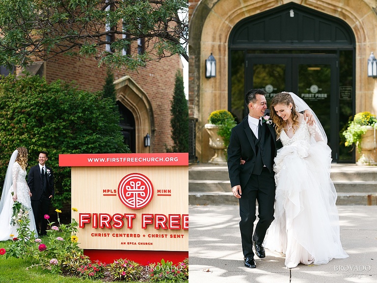 Couple posing outside of south minneapolis first free church