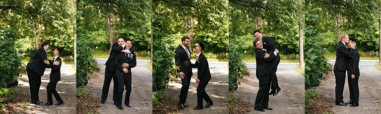 Goofy poses between groom and groomsmen