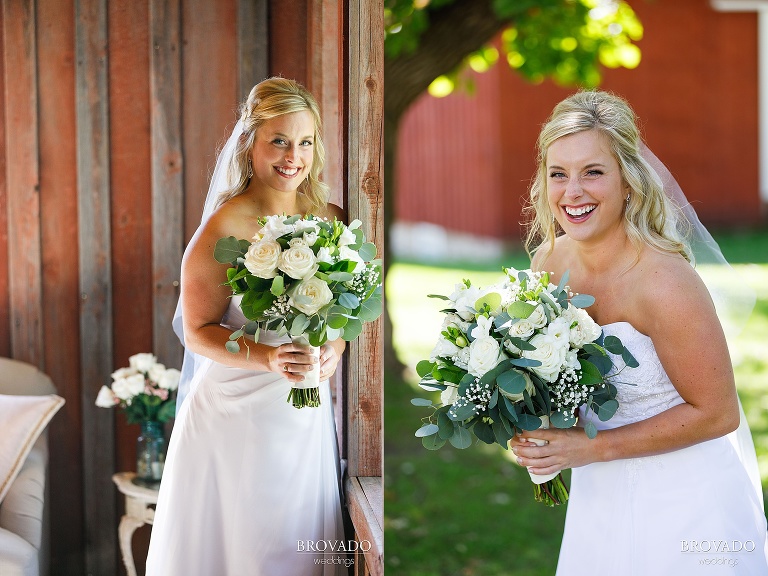 Bride smiling and laughing with bright green bouquet
