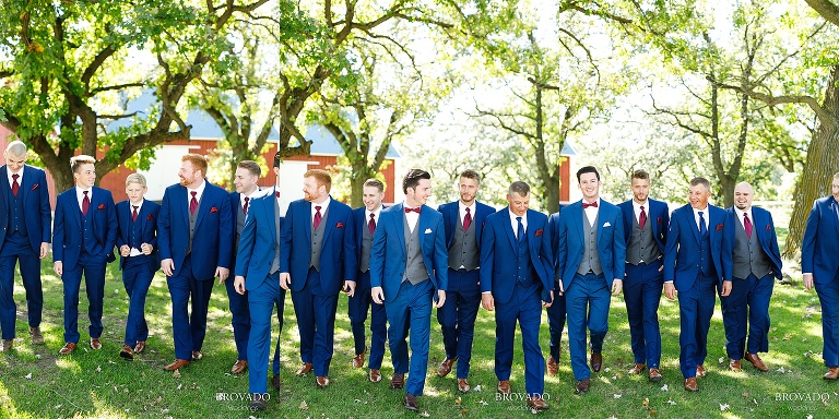 Triptych of groom and groomsmen walking