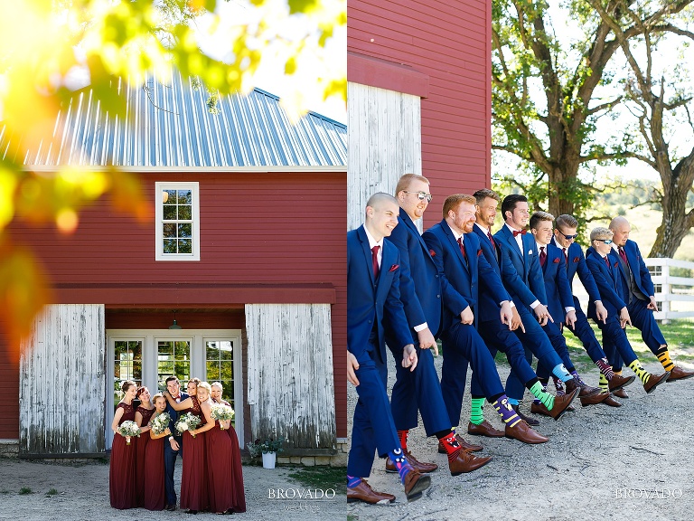 Groomsmen showing off their monster socks