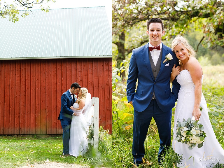 Bride and groom posing in farm field