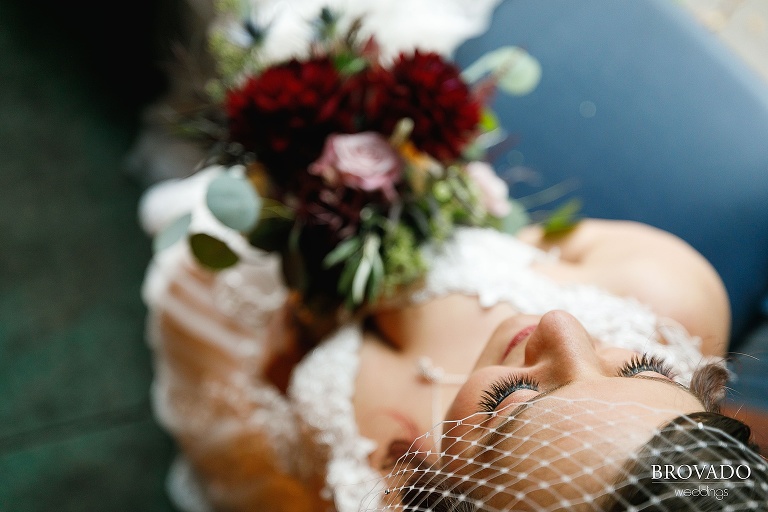 Closeup of bethany's eyelashes and bouquet