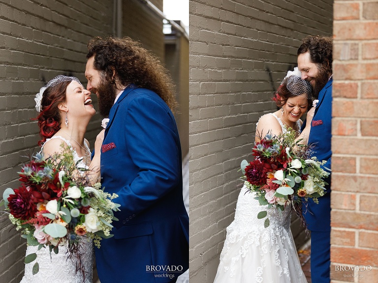 The bride and groom laughing