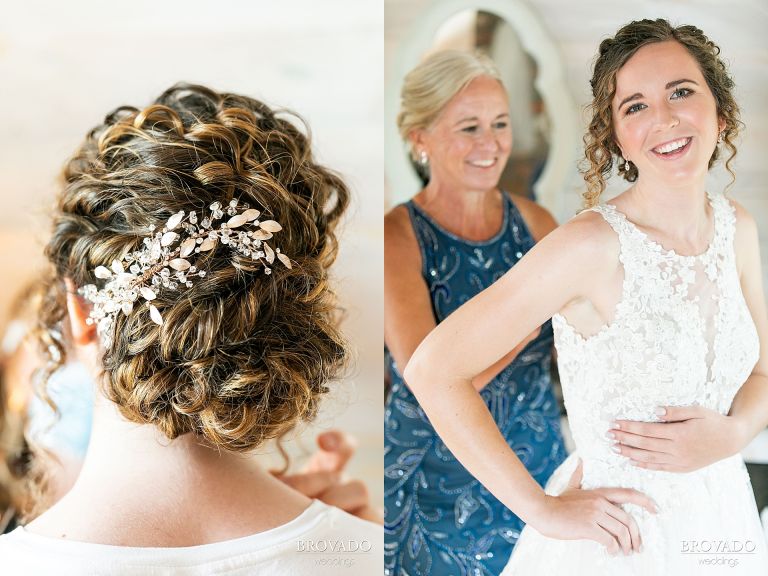 Closeup of Heather's floral hairpin and her mother helping her get dressed