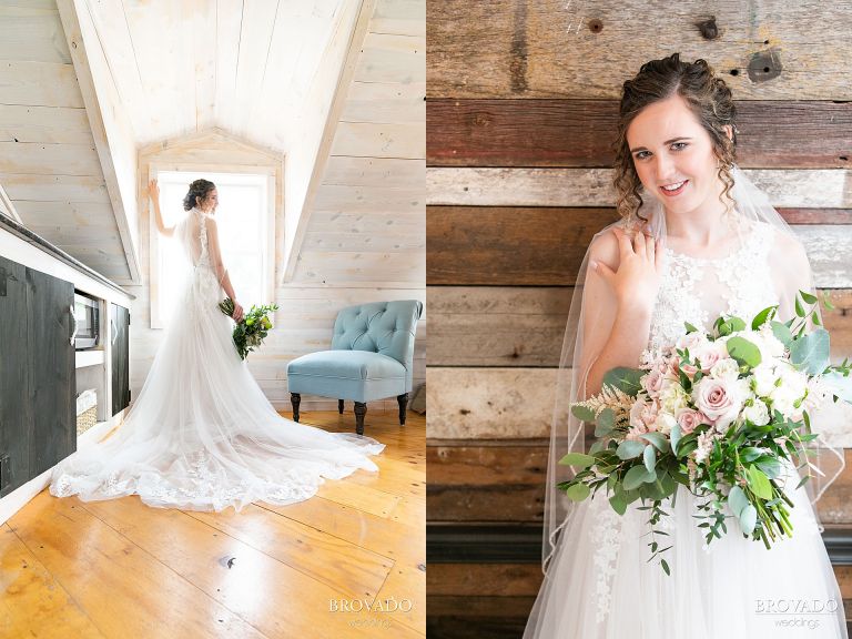 Heather posing in front of the window with her bouquet