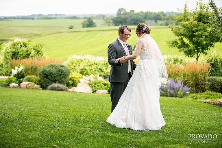 Daniel admiring Heather's embellished wedding dress