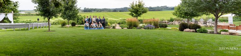 Wide panoramic of wedding party at Legacy Hill