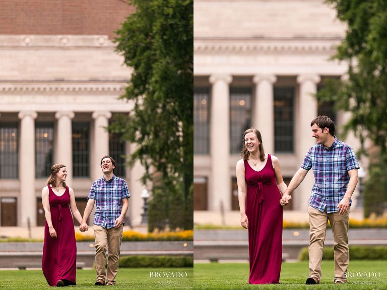 Candid photo of couple holding hands and laughing