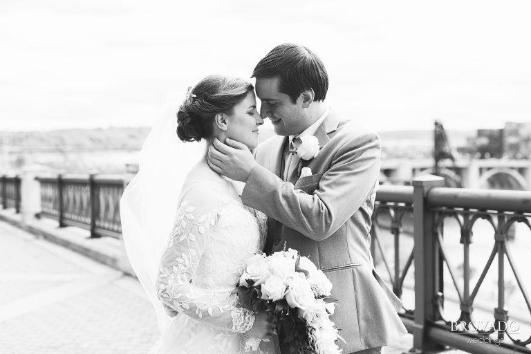 Black and white wedding portrait on the St. Paul riverfront