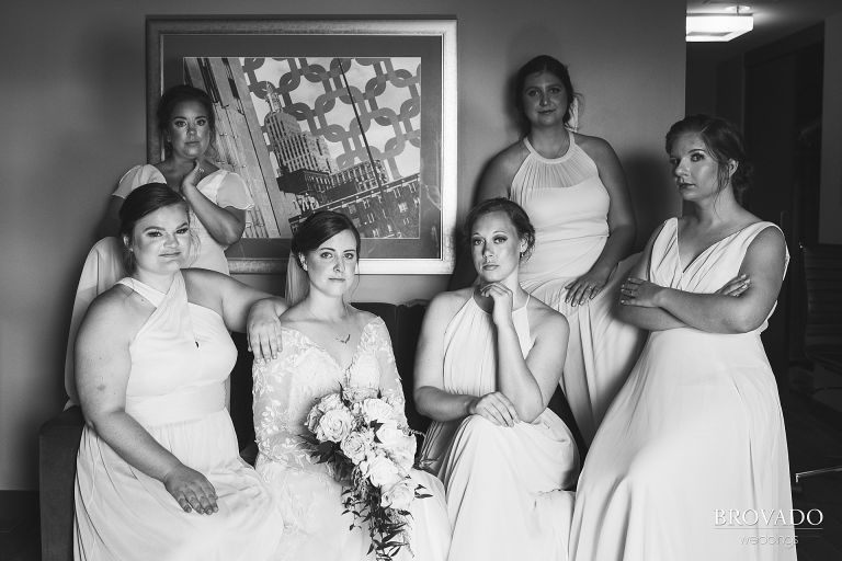 Black and white formal portrait of bridal party