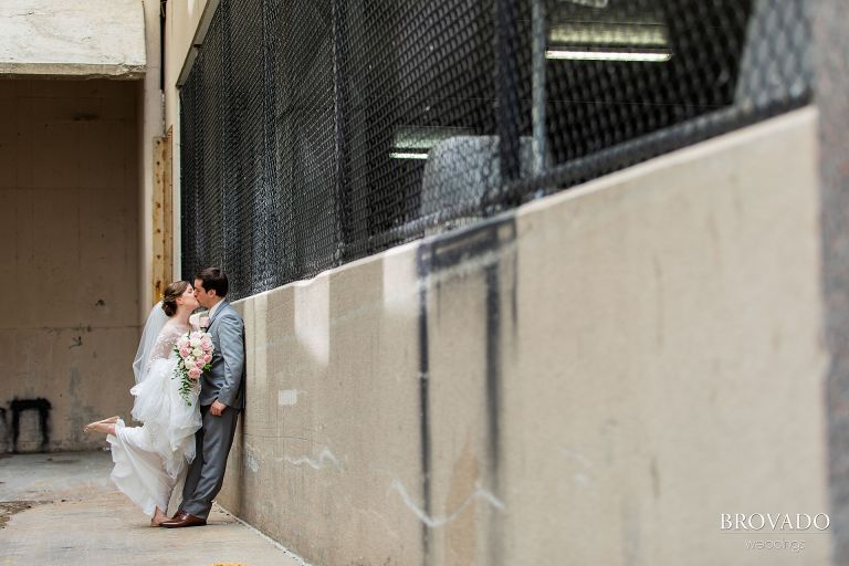 Bride and groom kissing