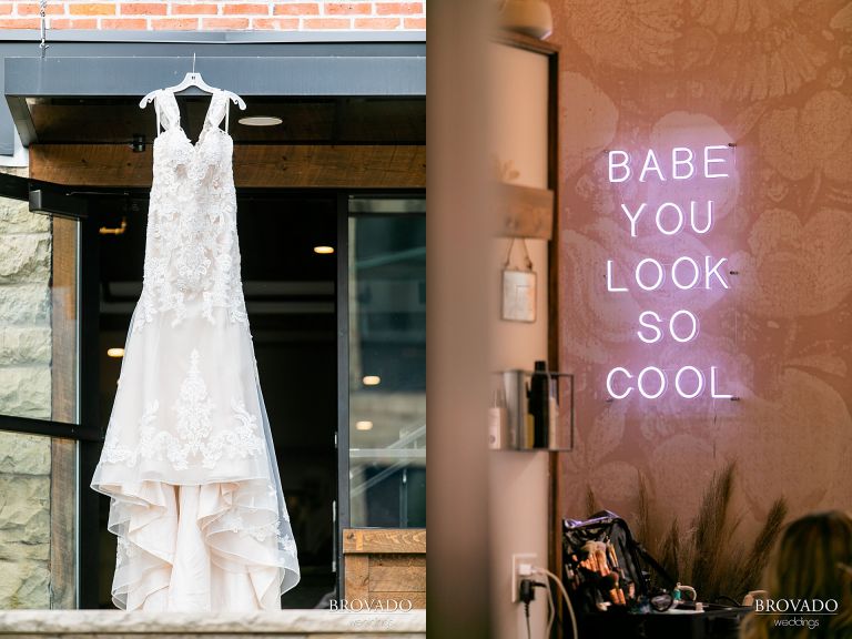 Wedding dress and fun neon sign