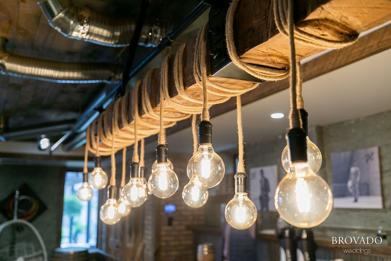 Detail of lightbulbs at wedding venue