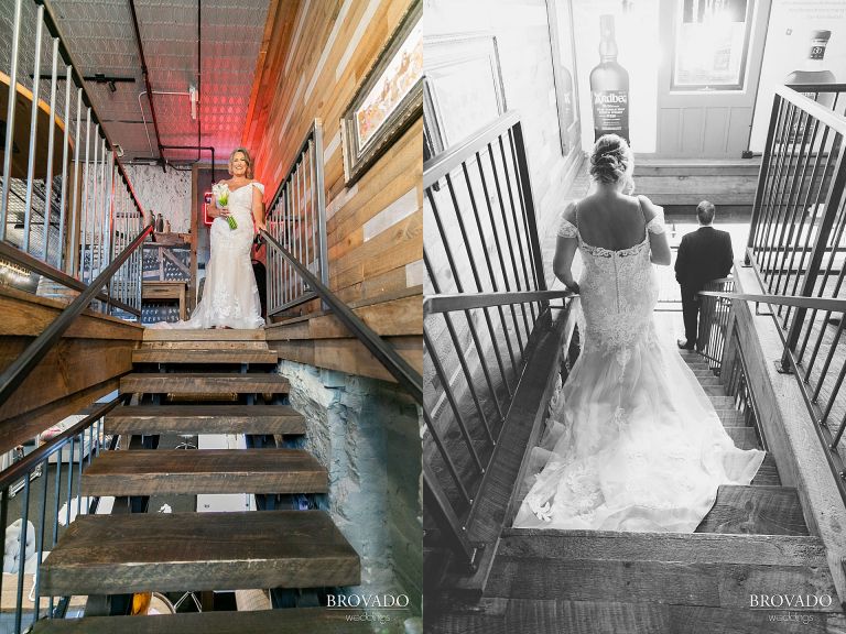 Bride walking down stairs during first look
