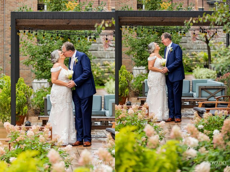 Sweet diptych of bride and groom in garden