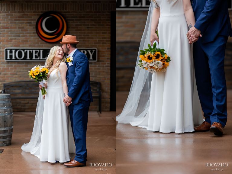 Groom kissing bride on the forehead