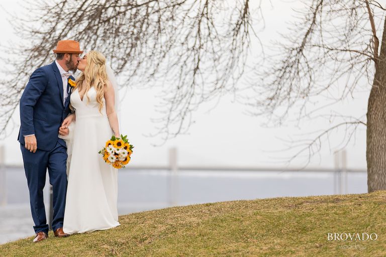 Bride and groom kissing